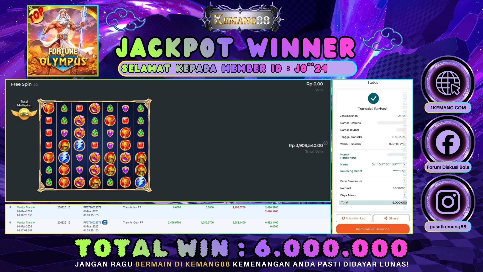 KEMANG88 [01 Maret 2026] : JACKPOT SLOT : FORTUNE OF OLYMPUS [PP] Rp. 6.000.000.,- LUNAS